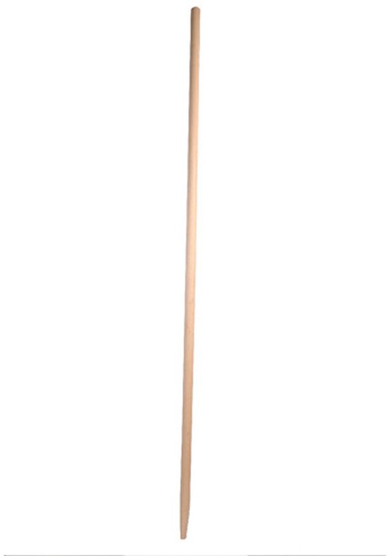 Een houten steel met een brede, platte onderkant, staand op een witte achtergrond.
