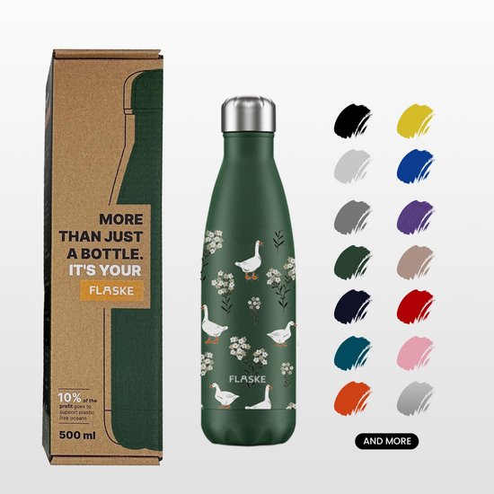 Groene FLASKE drinkfles (500ml) met ganzen- en bloemenprint, met zilveren dop. Naast de fles staan kleurstalen.