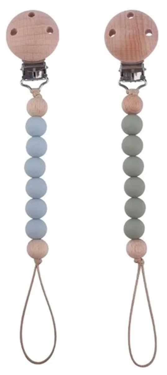 Image of 2 Stuks - Houten Speenkoord Baby - Siliconen Kralen - Groen en Blauw