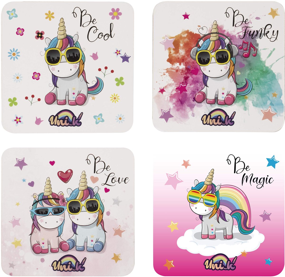 Konix Unik set van 4 onderzetters 10,4 x 10,4 cm - antislip kurken voet - eenhoornmotief