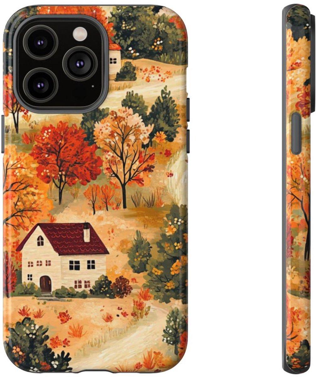 Herfstlandschap met Huizen – Telefoonhoesje Geschikt voor iPhone 14 Pro Max