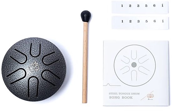 Hluru Mini Panschaal / Tongue Drum - 6 Noten A Majeur - Staalgrijs - Klankschaal voor Meditatie - Inclusief Mallets & Boekje van Merkloos — afbeelding 2
