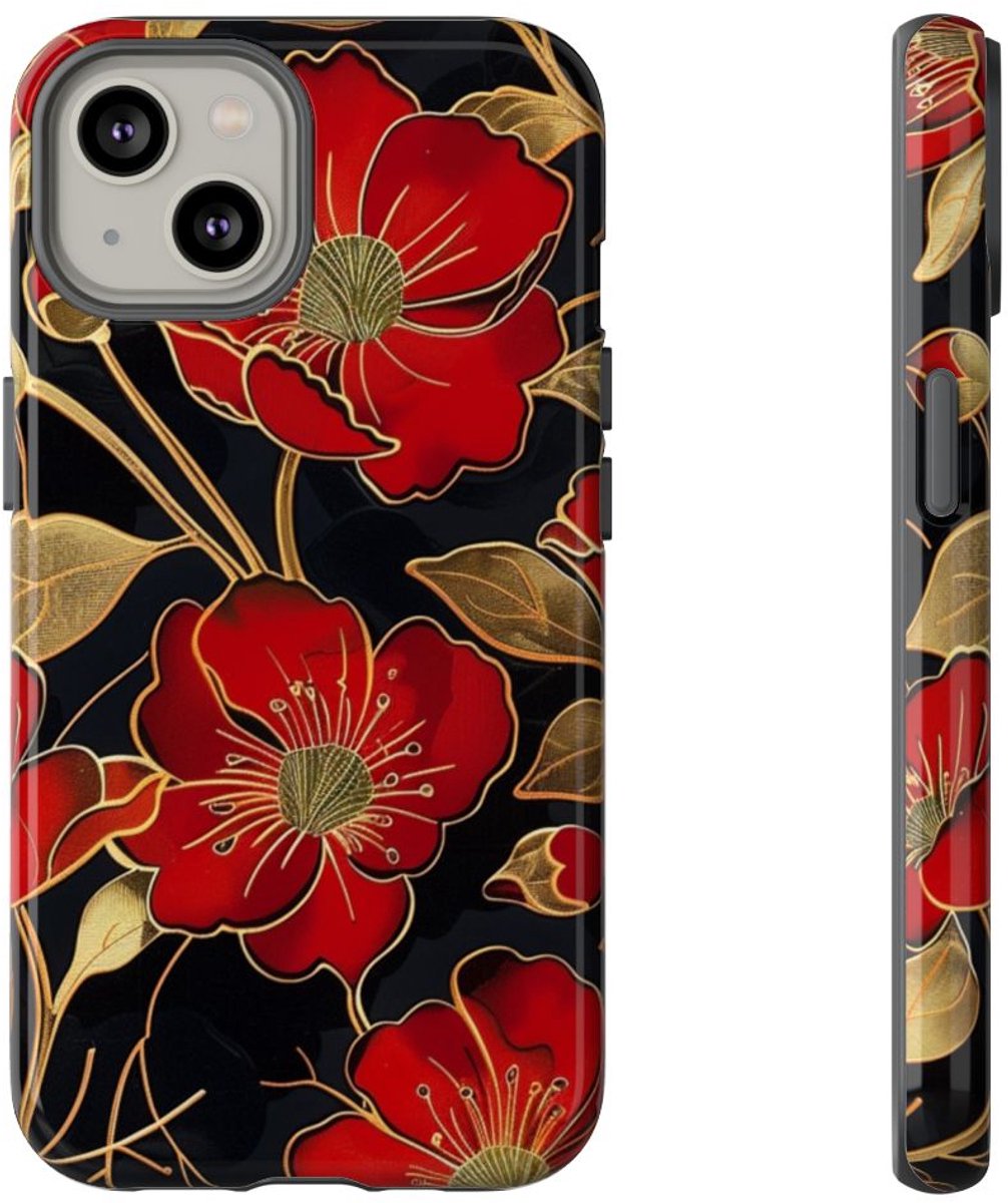 Rood-Gouden Bloemenpatroon – Telefoonhoesje Geschikt voor iPhone 14