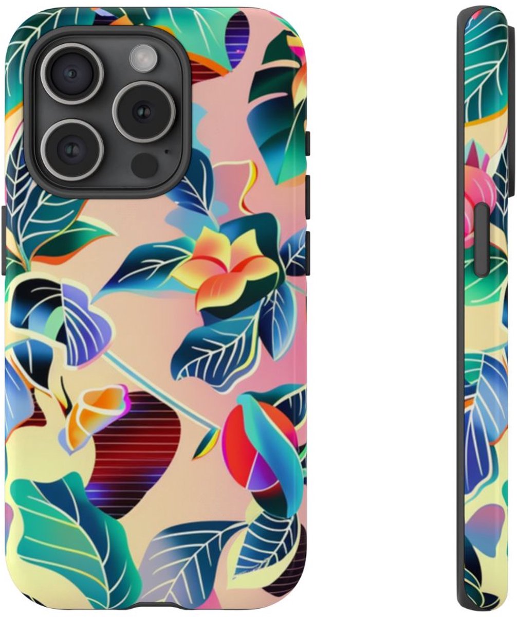 Levendig Tropisch Bloemenpatroon – Telefoonhoesje Geschikt voor iPhone 15 Pro