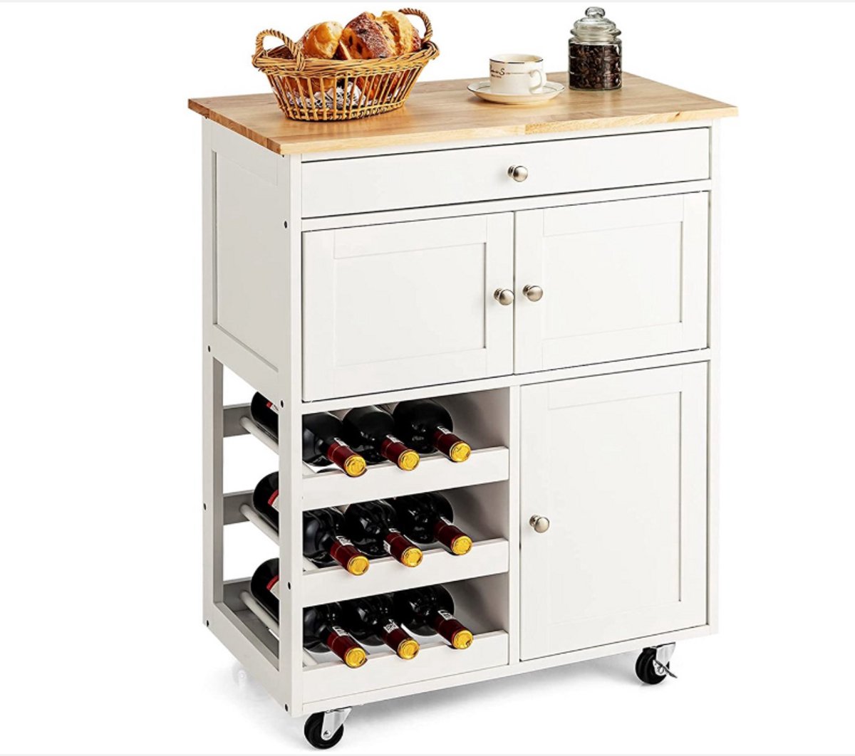 WNHB® Keukentrolley met Houten Blad - Witte Serveerwagen met Lade, Wijnrekken en Kasten - Rollende Keukenwagen en Opbergwagen