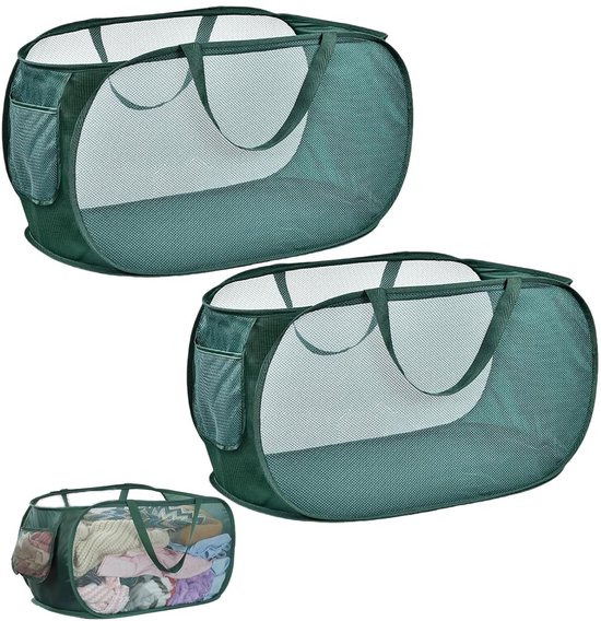 WUFANC Pop-up wasmand, opvouwbaar, 2 stuks (36 x 36 x 58 cm), wasmand, inklapbaar van netmateriaal, opvouwbare wasmand met handvat voor badkamer, camping, college, dorm en reizen