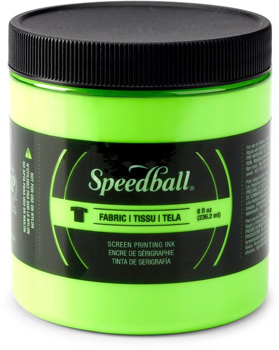 Pot vert citron fluo avec Speedball Fabric Screen Printing Ink. L'étiquette indique 'FABRIC I TISSU I TELA'.