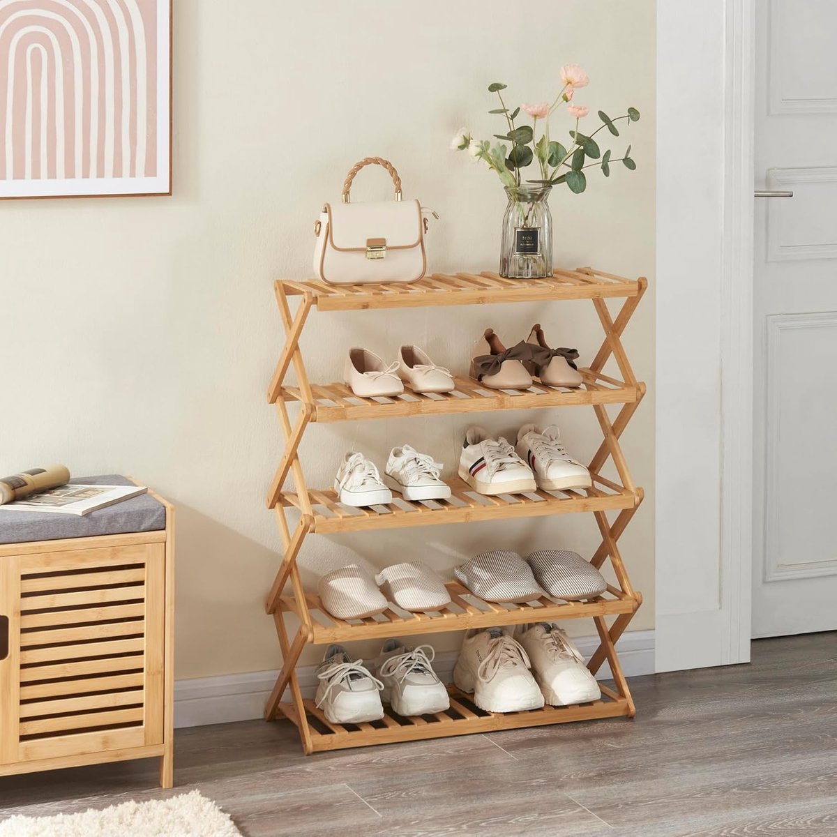 Schoenenrek, multifunctionele schoenenopslag, van bamboe, inschuifbaar, eenvoudig, voor woonkamer, keuken, schoenenrek, opbergrek