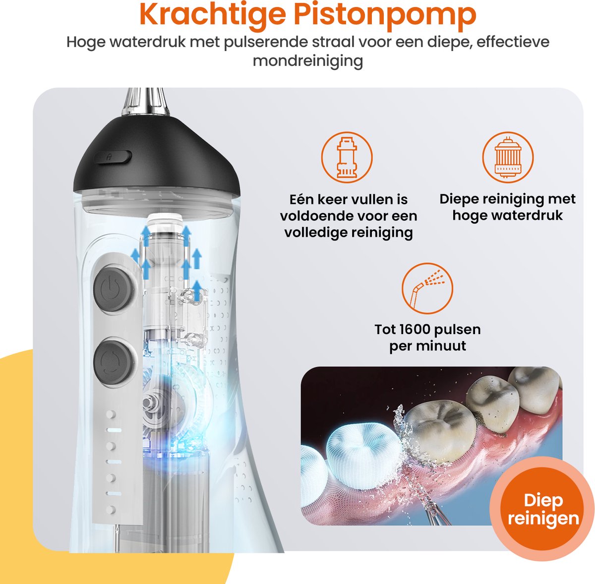 Goliving Waterflosser - 5 Opzetstukken - 4 Standen - Incl. Reistasje - Monddouche 300 ml - Elektrisch Flosapparaat - Draadloos & USB Oplaadbaar - Zwart thumbnail 6