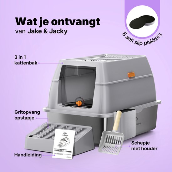 Jake and Jacky RVS Kattenbak Hop In - Kattentoilet Roestvrijstaal - Incl. Kattenbakschep met Houder en Gritopvang Opstapje - Top Entry - 3 in 1 Open Kattenbak met Afneembare Deksel - 60x40x38cm - Grijs