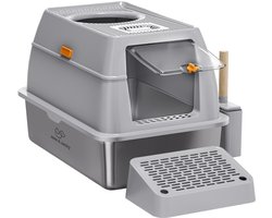 Jake and Jacky RVS Kattenbak Hop In - Kattentoilet Roestvrijstaal - Incl. Kattenbakschep met Houder en Gritopvang Opstapje - Top Entry - 3 in 1 Open Kattenbak met Afneembare Deksel - 60x40x38cm - Grijs