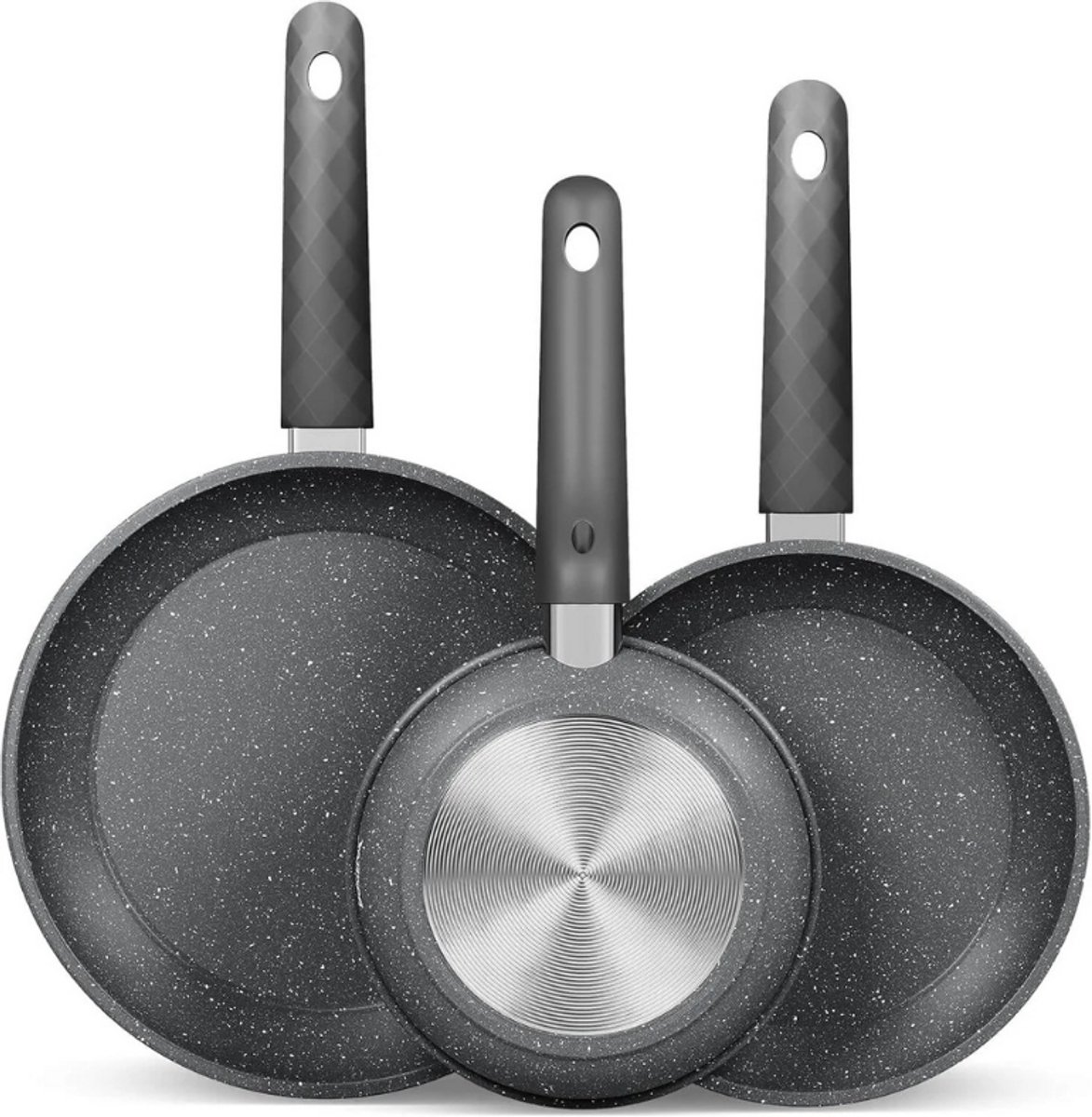 HOMELUX 3-delige Koekenpannenset Ø20/24/28 cm – Marmeren Antiaanbaklaag – Geschikt voor Inductie & Alle Warmtebronnen – PFAS-vrij – Stevige Pannen met Soft-Touch Handgreep – Grijs - Koekenpan - Pan - Pannen