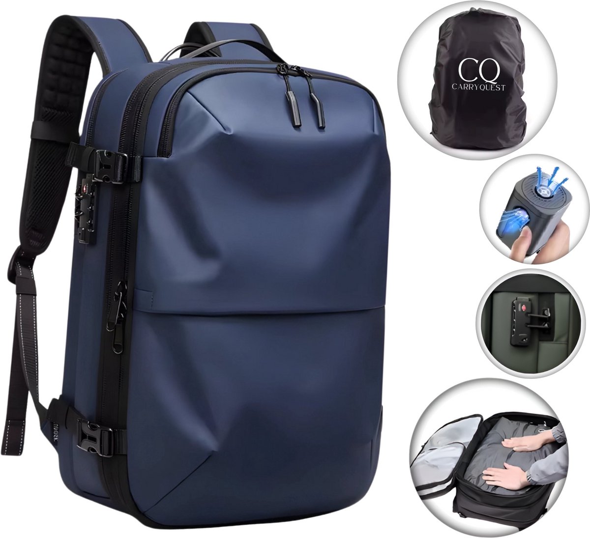 CarryQuest® - Vacuüm Rugzak Pro1 - TSA Slot - Blauw - Uitbreidbare - handbagage - vacuumrugzak - Vliegtuig, Koffer, Reisrugzak, - Waterdichte Reistas - Reizen, Zaken, Zakenreizen, Weekend