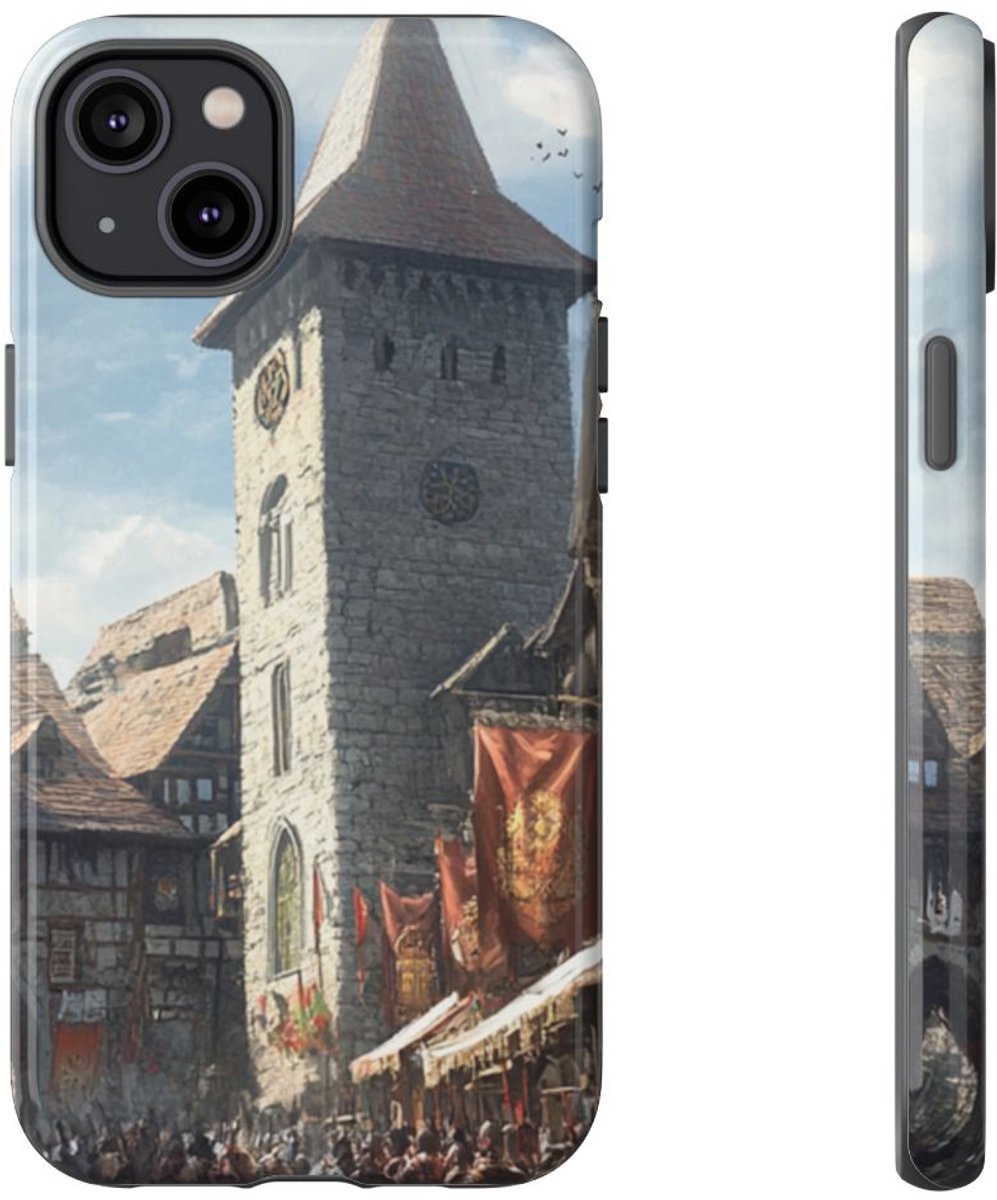 Middeleeuws Europees Dorpsstraat Tafereel – Telefoonhoesje Geschikt voor iPhone 14 Plus