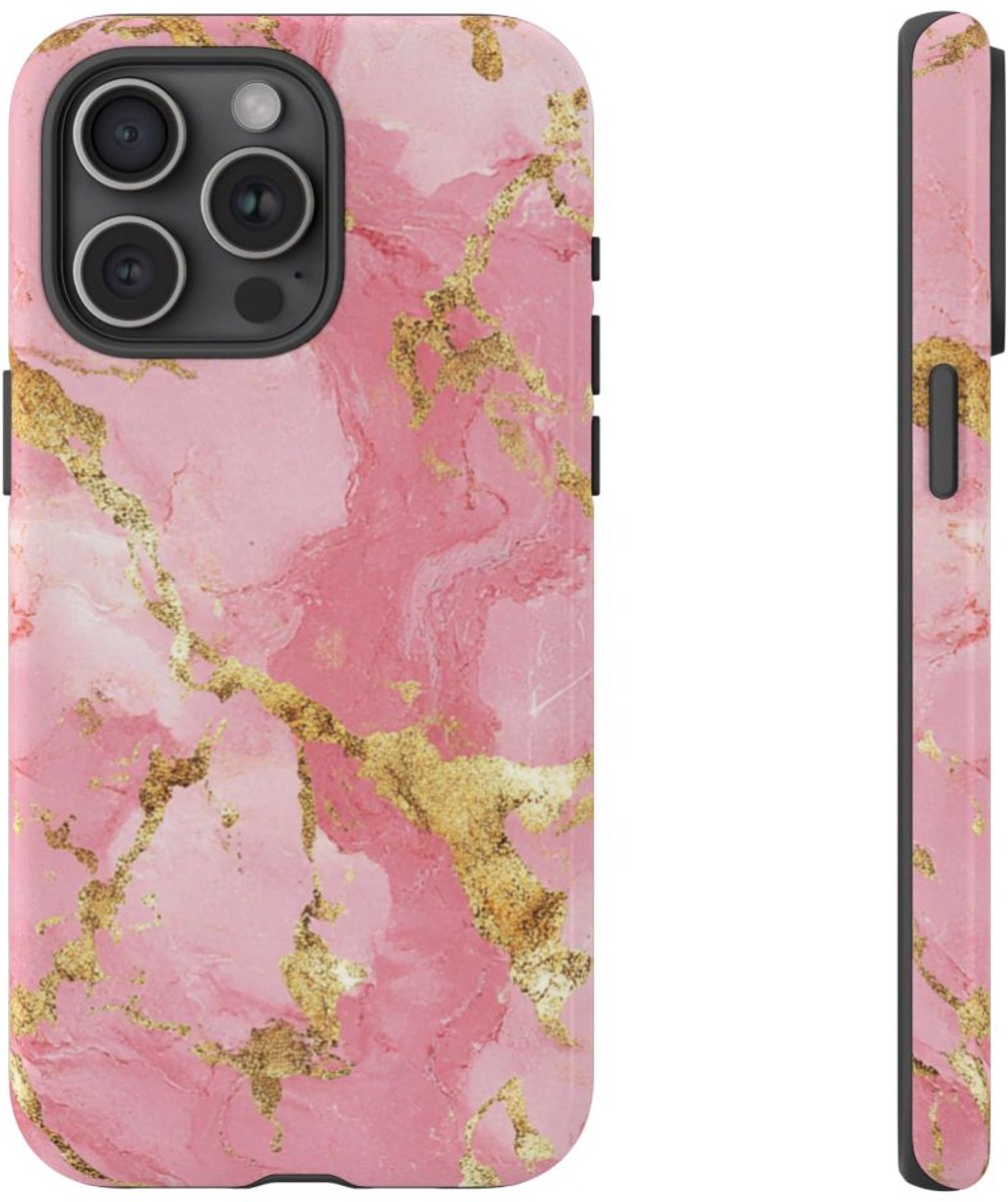 Roze en Gouden Marmerstructuur – Telefoonhoesje Geschikt voor iPhone 15 Pro Max