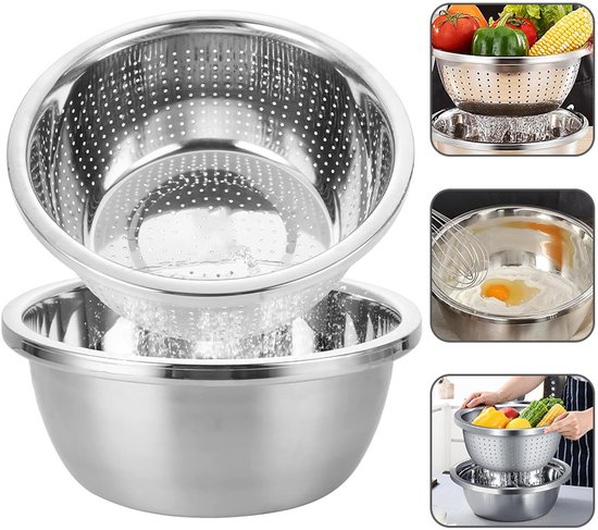 Foto: 304 rvs vergiet metalen vergiet groot vergiet met mengkom geschikt voor keuken rijstwasser vergiet voor het wassen van groenten fruit en rijst vaatwasserbestendig