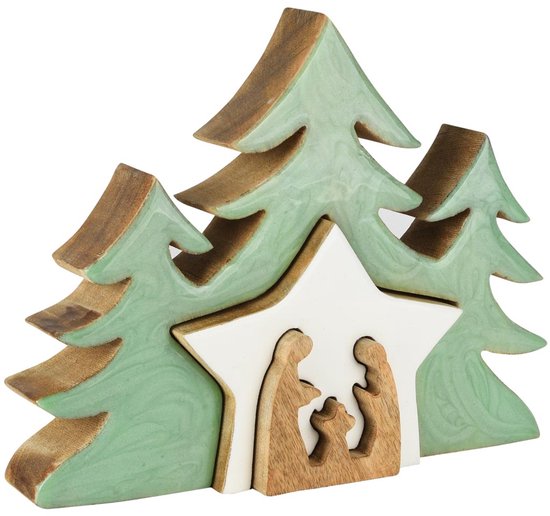 Décoratif | Puzzle de la Nativité, vert/blanc/naturel, bois/émail, 25 x 4 x 20 cm | A258004