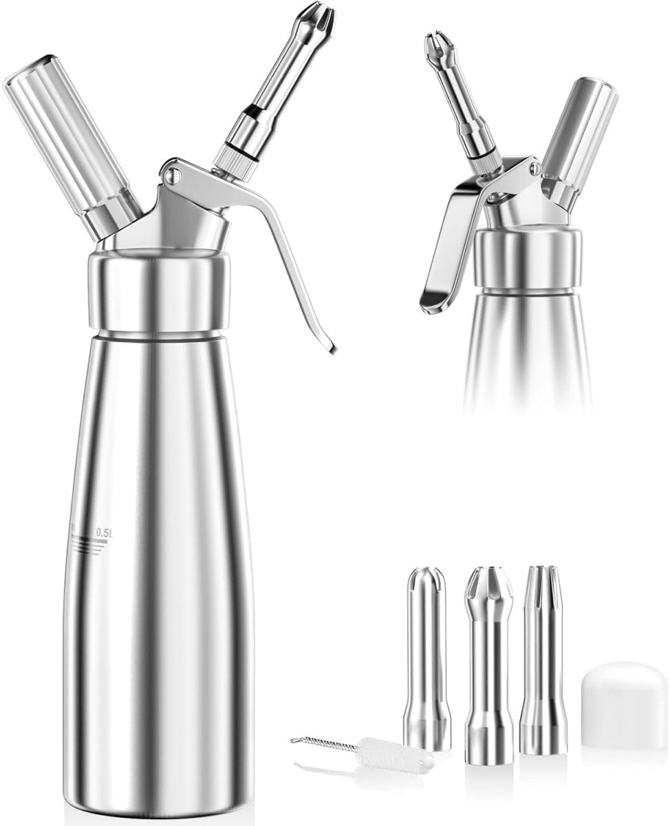 TOVBMUP 500 ml slagroomspuit - Aluminium slagroomspuit - Wordt geleverd met roestvrijstalen spuitmond en reinigingsborstel - Geschikt voor verjaardagstaarten, bakken, desserts