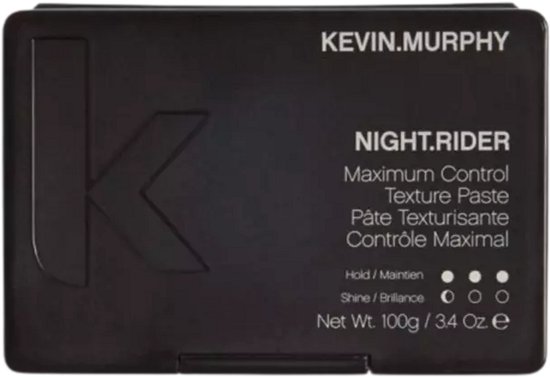 Zwarte KEVIN.MURPHY Night.Rider textuurpasta met "K" logo en productinformatie, op zwarte achtergrond.