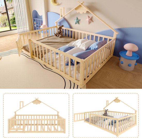 Lit enfant 140 x 190 cm, barrière avec serrure, bois de pin naturel