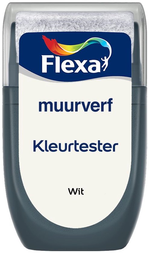 Flexa muurverf kleurtester in wit. Met een doseerdop en een applicatiepad.