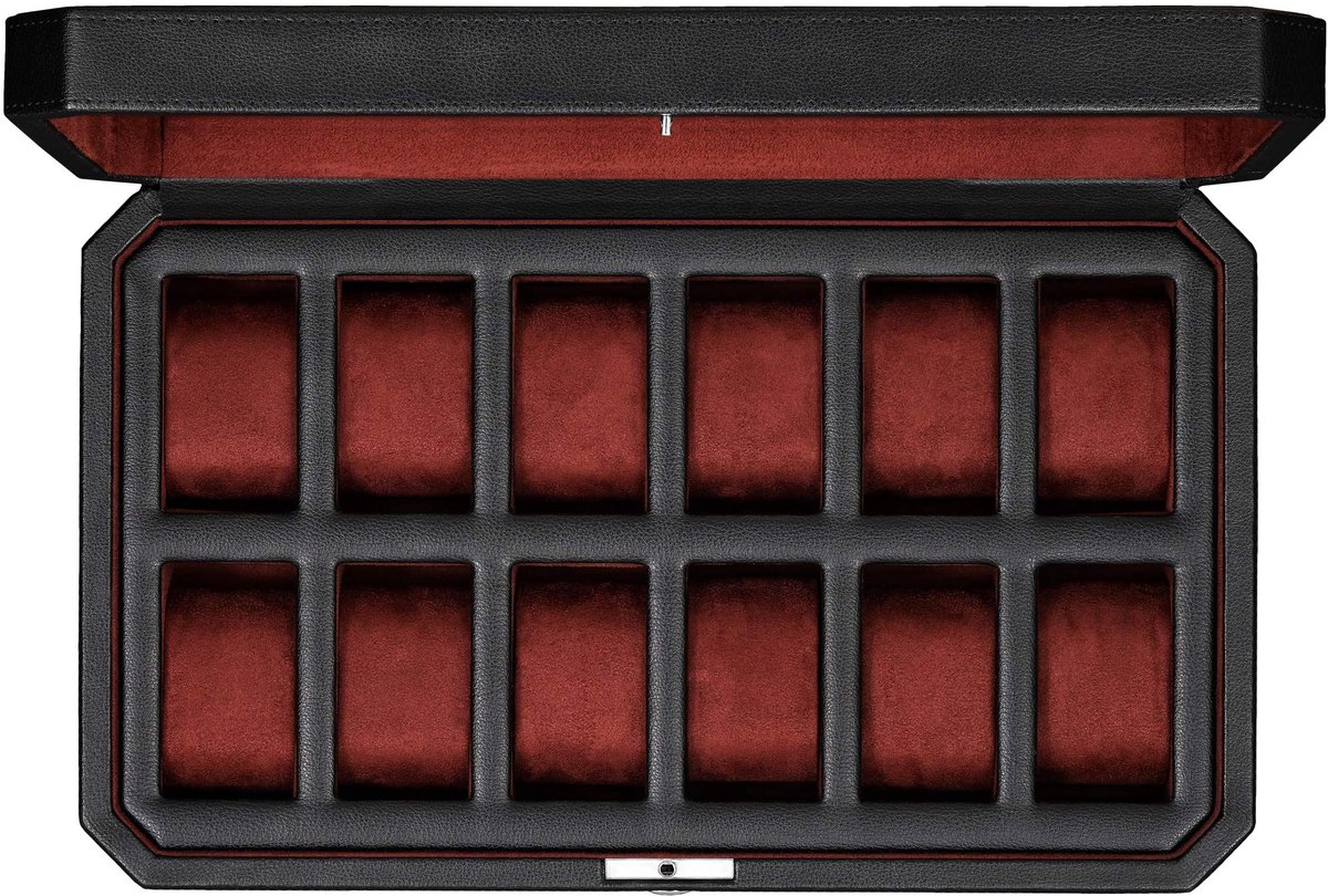 ROTHWELL 12-delige leren horlogebox - Luxe horlogekast display organizer, opbergboxen voor heren, grote glazen bovenkant (zwart-rood)