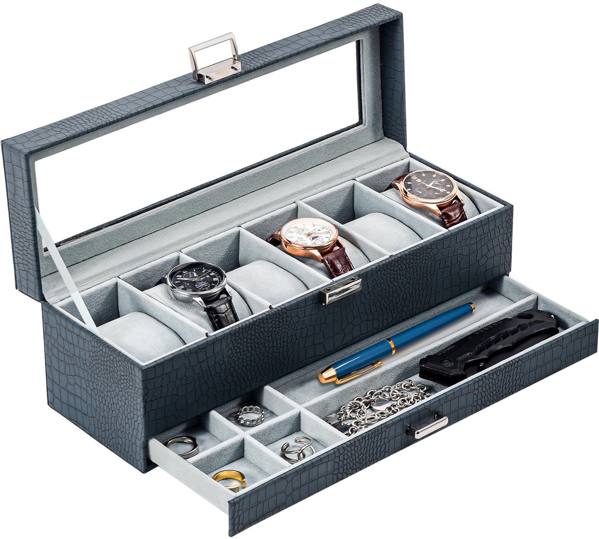 ProCase Horlogebox met 6 compartimenten, Horlogekast met glazen deksel, 2 niveaus, Horlogekast met uitneembare horlogekussentjes, Horlogebox voor sieraden, ringen, armbanden en kettingen - Blauw