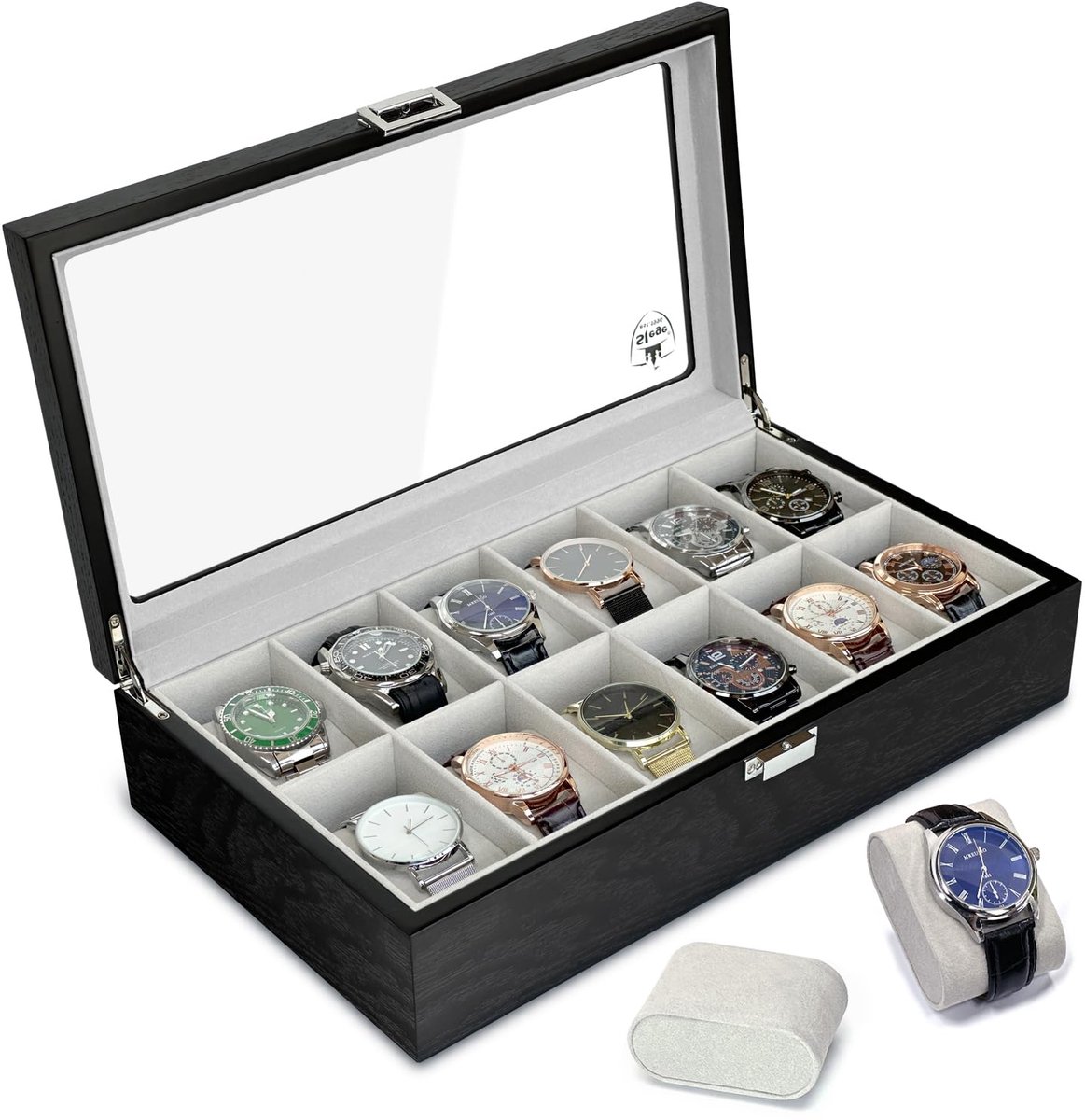 Slege houten horlogebox met 12 compartimenten, horlogebox voor heren, volledig gevoerd met fluweel, horlogehouder met glazen bovenkant en horlogekussen, horlogekastorganizer als cadeau voor mannen en vrouwen (zwart)