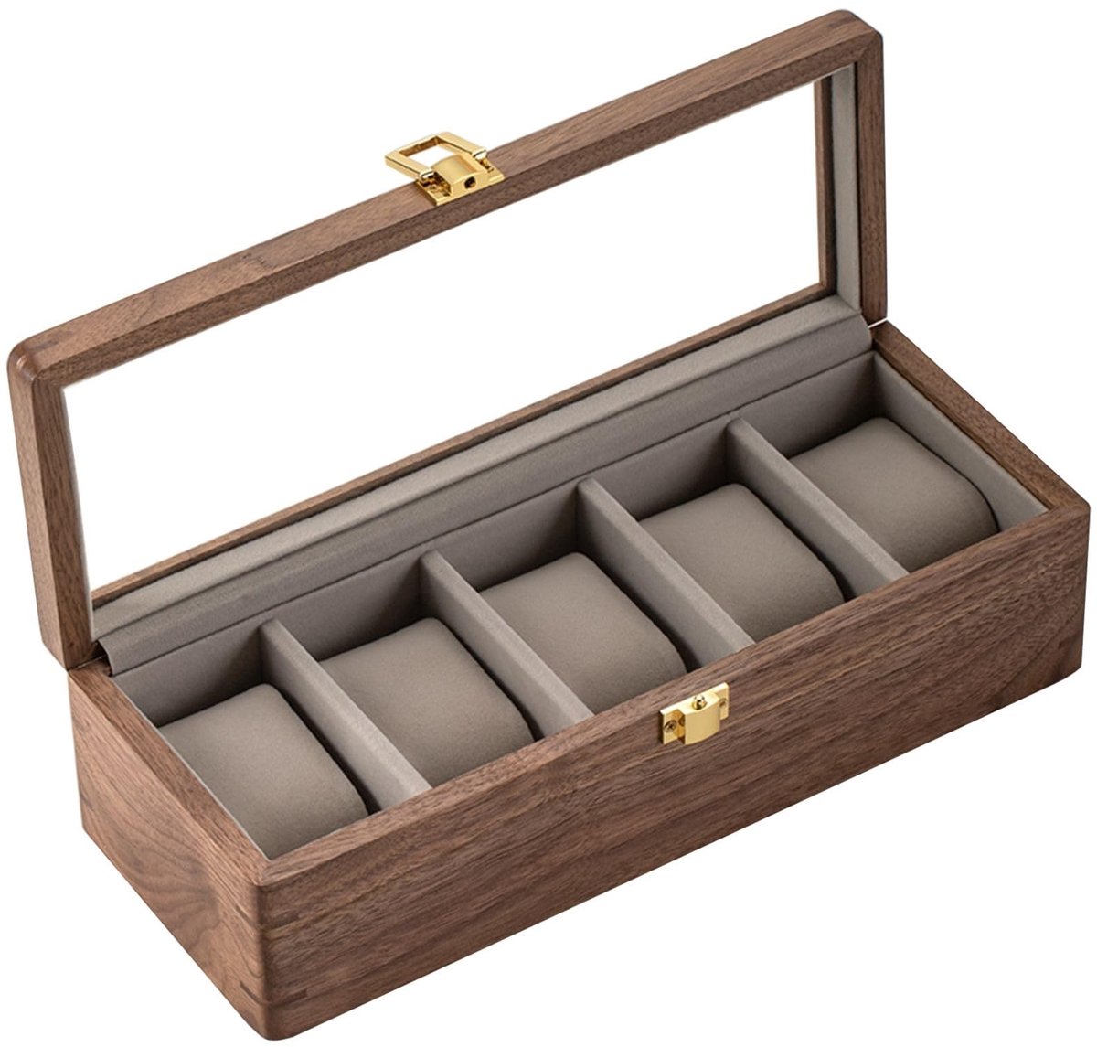 Horlogekist van musouhout met 5 compartimenten - horlogekist van luxueus massief Noord-Amerikaans notenhout, horlogekist met glazen venster en metalen sluiting, horlogeopbergruimte 30,6 * 12 * 8,5 cm