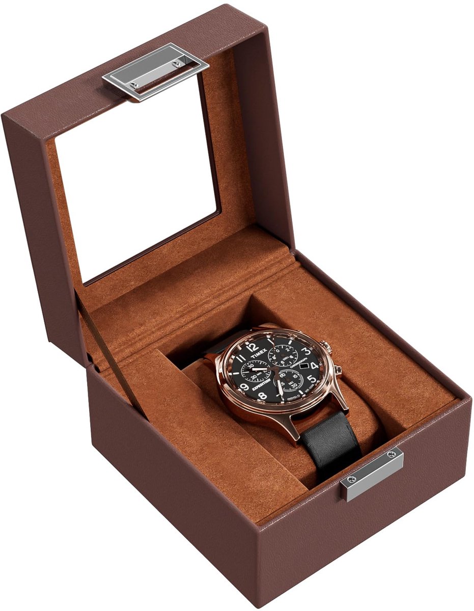 ProCase Horlogebox met 1 Compartiment, Horlogekast met Glazen Deksel, Horlogekast met Horlogekussentje, Horloge Opbergruimte, Premium Horlogebox, PU Lederen Horlogekast, Horlogebox voor Heren - 1 Compartiment, Bruin