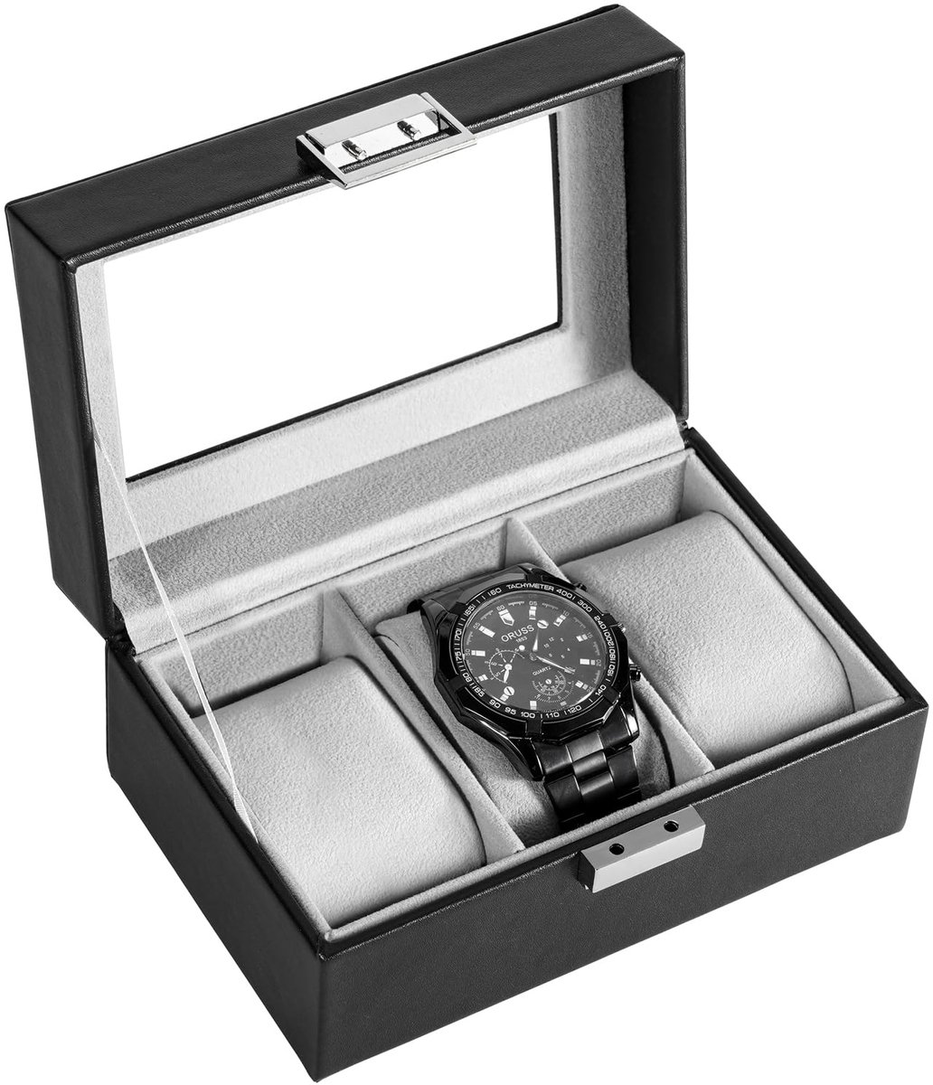 ProCase Horlogebox met 3 compartimenten, Horlogekast met glazen deksel, Horlogekast met horlogekussen, Horloge opbergruimte, Premium Horlogebox, PU leren horlogekast, Horlogebox voor heren - 3 compartimenten, Zwart