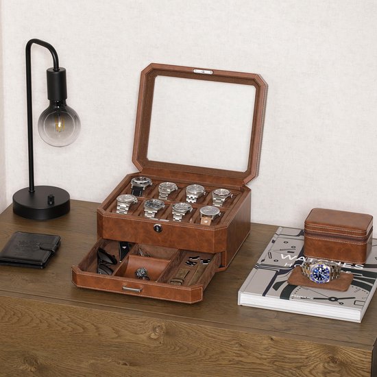 ROTHWELL Leren Horlogebox Met 4 Vakken En Opberglade Luxe Sieradenorganizer Afsluitbare Displaycase Echt Glazen Bovenkant Horlogeboxorganizer Voor Mannen Vrouwen Rood 2295710479