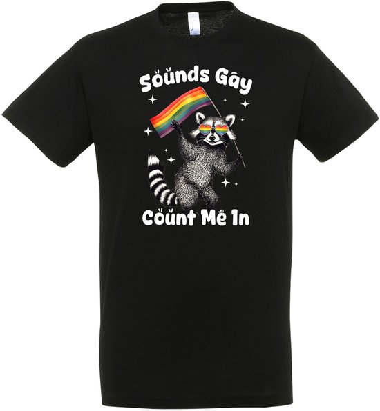 Zwart T-shirt met een wasbeer met regenboogzonnebril en -vlag. Tekst: Sounds Gay, Count Me In.