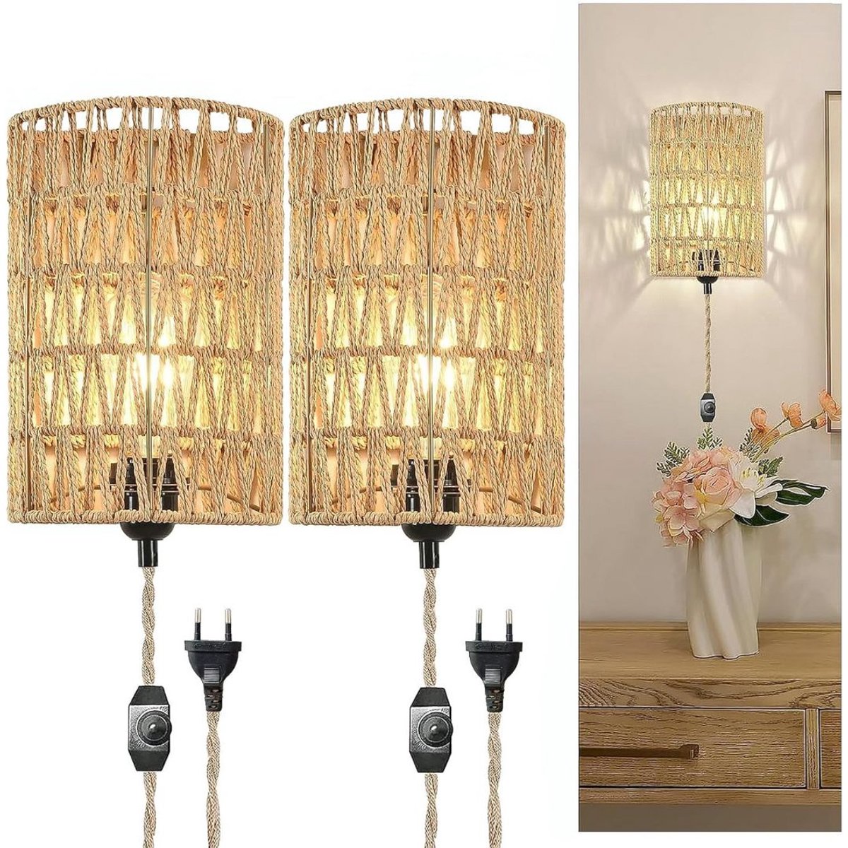 Wandlamp Binnen met Snoer - Wandlamp met Stekker voor Binnen - met Dimbare Schakelaar - Industrieel en Vintage - Slaapkamer Bedlampje