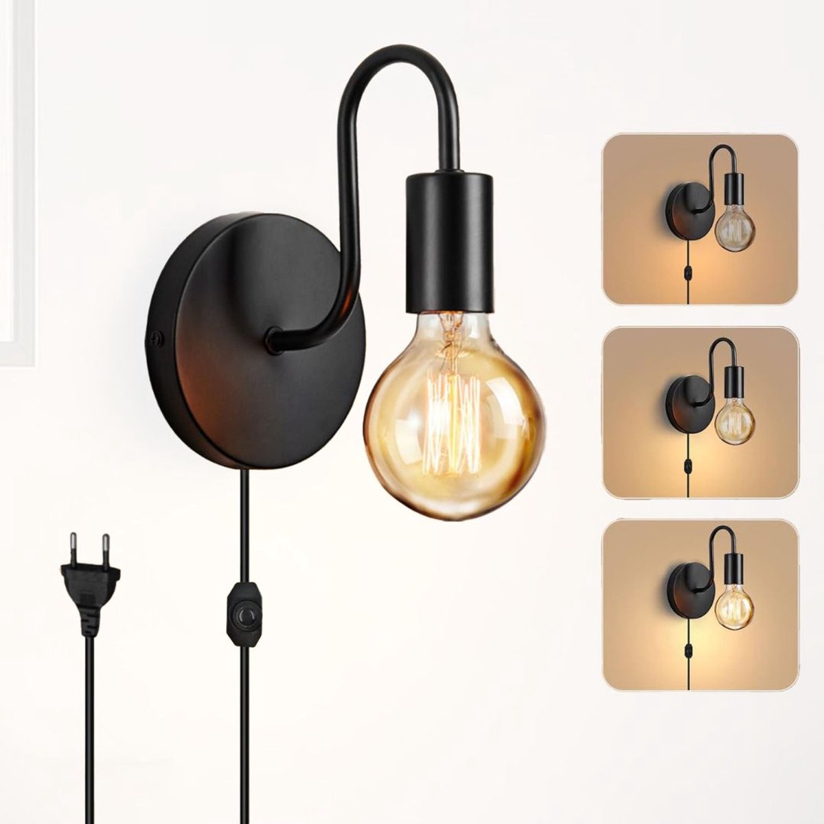 Wandlamp Binnen met Snoer - Wandlamp met Stekker voor Binnen - met Dimbare Schakelaar - Industrieel en Vintage - Slaapkamer Bedlampje