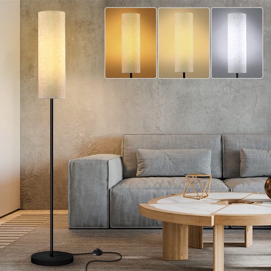 Foto: Led vloerlamp 3 lichtmodi traploos dimbaar voetschakelaar linnen kap voor slaapkamer en kantoor