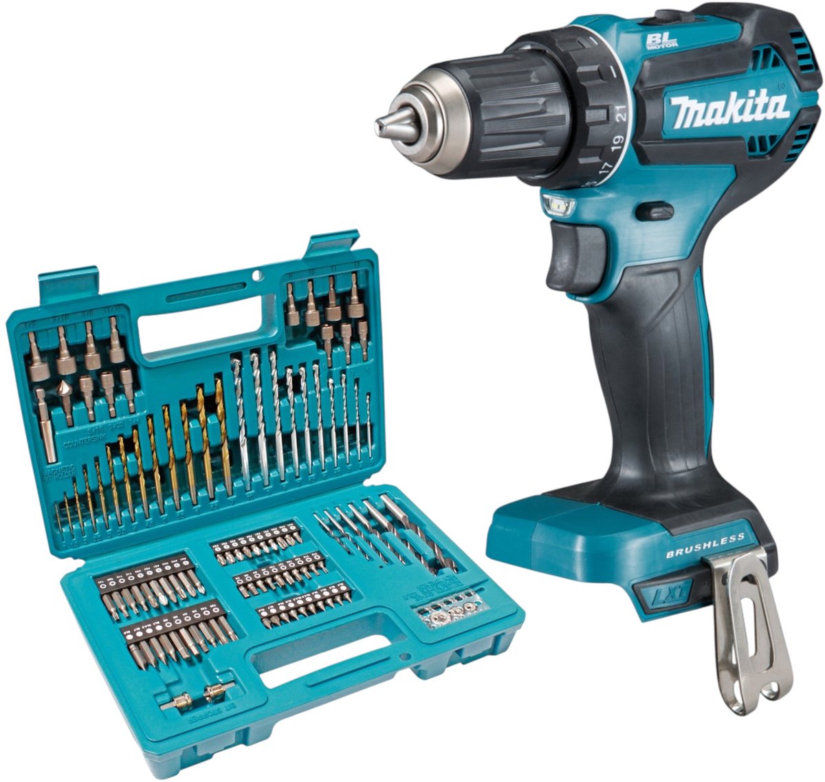 Makita DDF 485 Z accuboormachine 18 V 50 Nm borstelloos + 102-delige bitboorset - zonder accu, zonder oplader