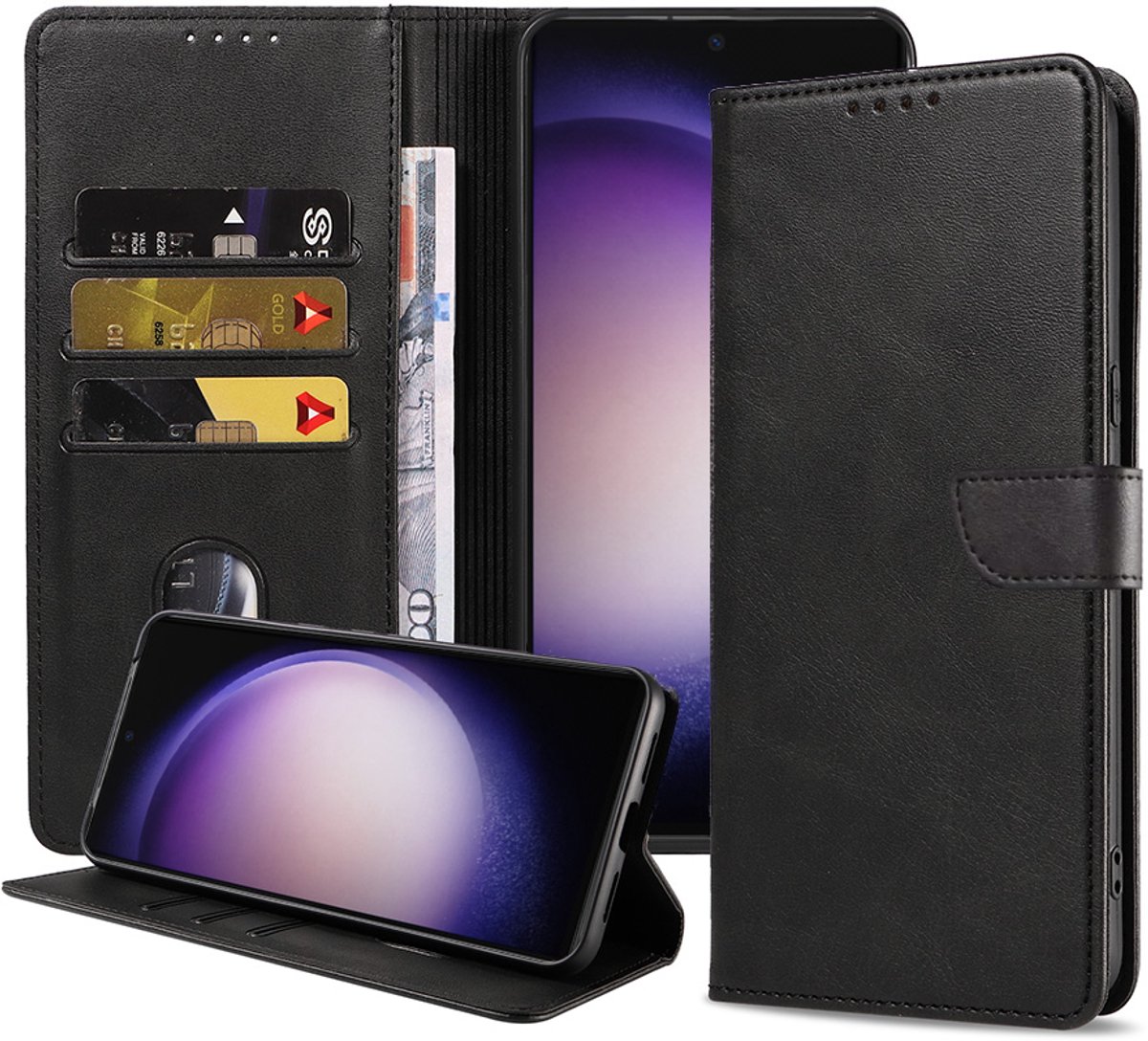 Geschikt voor Samsung Galaxy S23 Ultra Telefoonhoesje Kunstleer met Magnetisch lipje en Pasjeshouder Book Case met Klepje - Zwart - Smartphonica geschikt voor Samsung Galaxy S23 Ultra