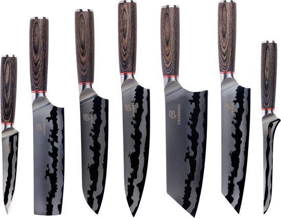 Coffret de couteaux Ferberzi marron 7 pièces avec coffret cadeau de Luxe - Couteaux japonais professionnels - Couteaux de cuisine - Ensembles de couteaux - Couteaux de chef