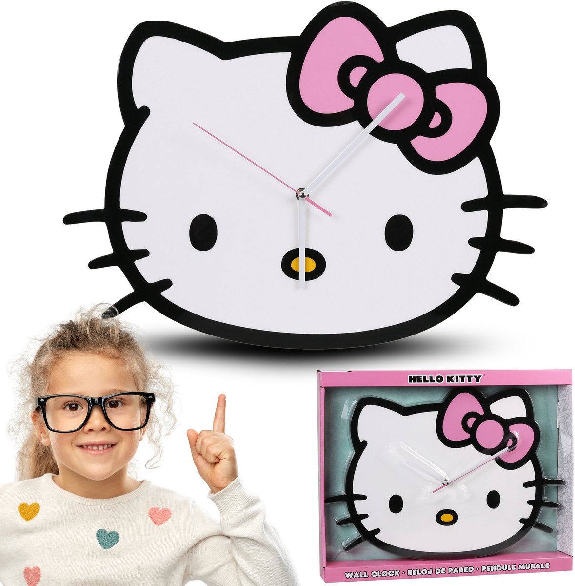 Hello Kitty Wandklok XL voor kinderkamer, GROTE analoge wandklok 50x35,5 cm