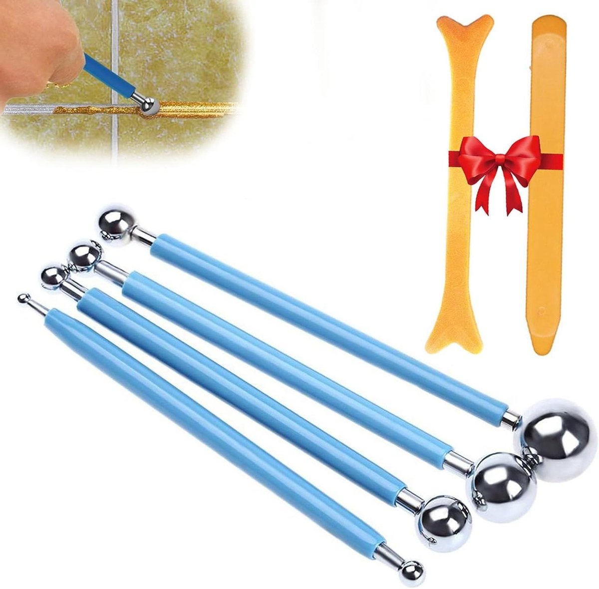 1. 6-delige Gereedschapsset voor Badkamer en Keukentegels2. Glazenset - 4 Metalen Kogeltrekkers en 2 Schrapers3. Kunststof Trekkers Voegengladder - Dubbelzijdige Silicone Voegentrekker