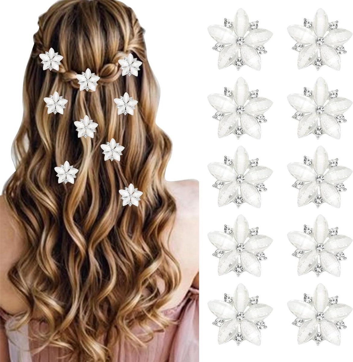 Allecto Plus - 10 stuks witte mini bloem haarclip met strass steentjes - haaraccessoires meisjes bruiloft - decoratieve haarclips bloem haarspelden
