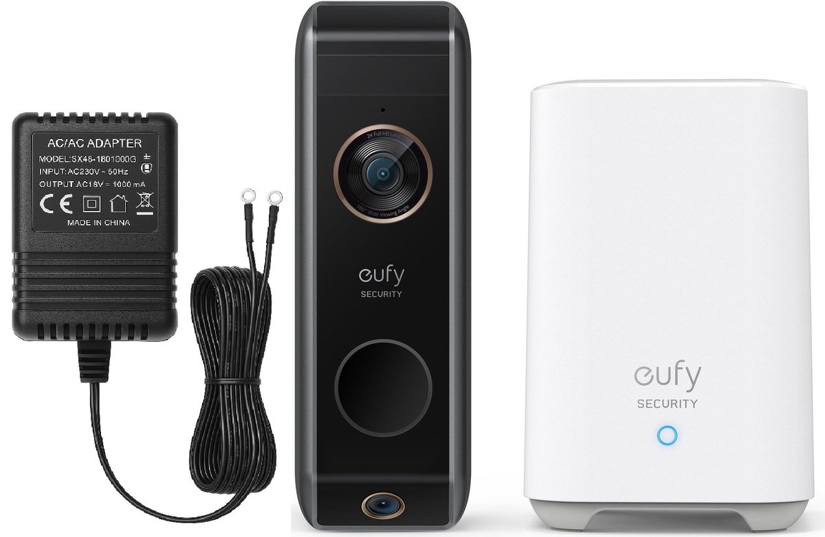 eufy Video Deurbell Dual 2 Pro met HomeBase 2 - 2K-resolutie - Doorbell - dubbele camera's - pakketdetectie - gezichtsherkenning - draadloze installatie + Hoogwaardige AC/AC Adapter – met 6 meter kabel