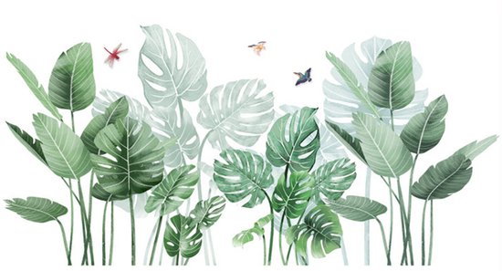 Feuilles vertes de palmier et de monstera avec trois insectes sur fond blanc.