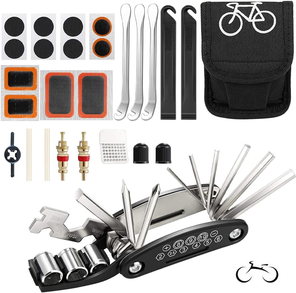 Fiets Reparatieset - Fiets Band Reparatie Set - Fiets Reparatieset Toolkit - Fiets Toolkit - Reparatieset Fiets - Bandplakset - Fietsgereedschap - Gereedschapset Fiets - Reparatieset - Fietsmateriaal - Inclusief 16 in 1 Multi-Tool - Banden Lichters