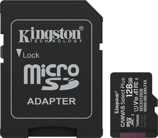 Kingston micro SD-adapter met een 128GB Kingston Canvas Select Plus microSDXC-kaart ernaast.