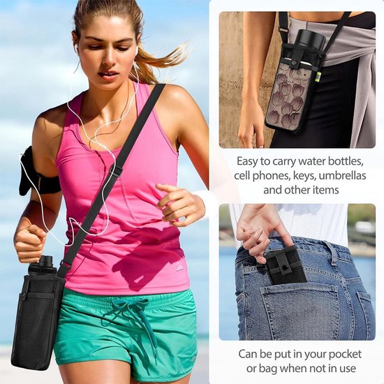 1 x waterflessentas, verstelbare riem, perfect voor strand, wandelen, kamperen en outdoorsporten, duurzaam en antislip materiaal, zwart — afbeelding 3