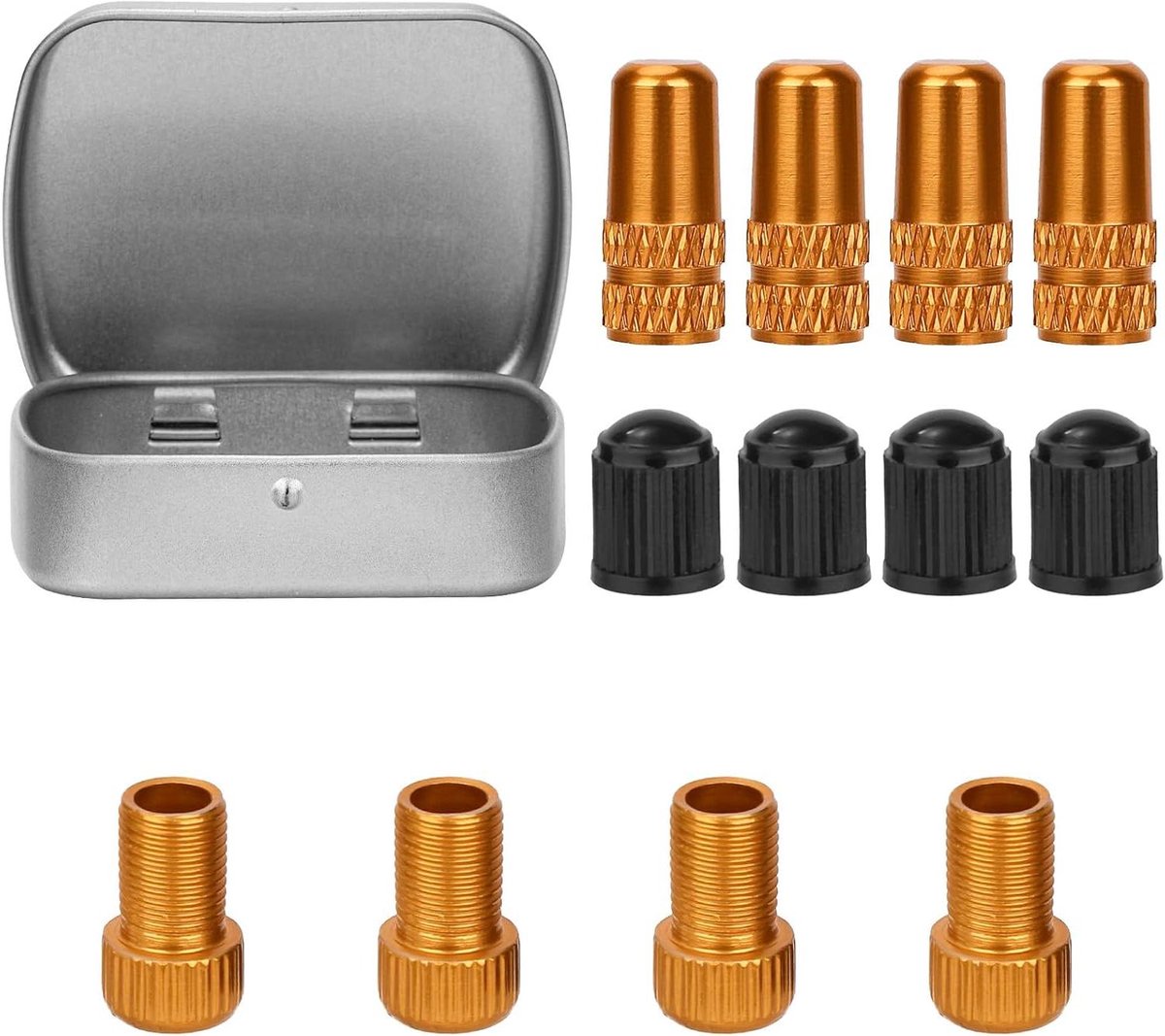 Allecto Plus - 12 Fietsventiel adapter sets voor Fietspomp inclusief Opbergdoos - Aluminiumlegering en Kunststof - Geschikt voor Basketballen, Volleybal en Voetballen - Goudkleurig