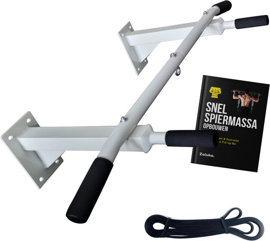 Witte pull-up bar, e-book "Snel Spiermassa Opbouwen" en zwarte weerstandsband.