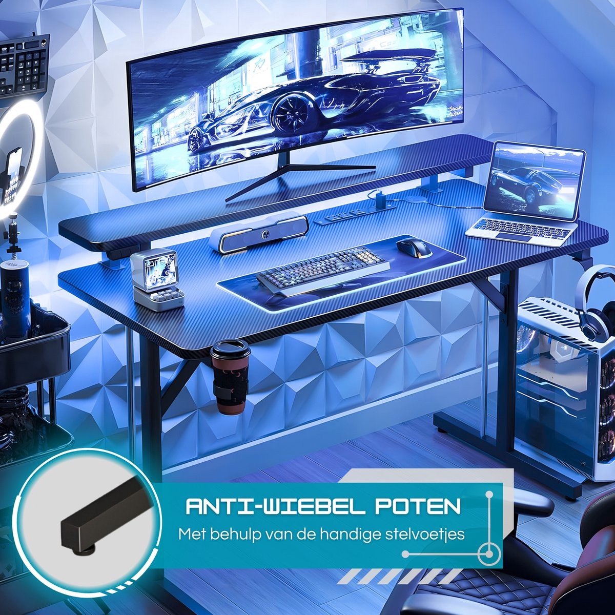 Five Stars® Game Bureau - Game Bureau met LED verlichting - Zwart Carbon - Gaming Desk - Computertafel - RGB LED Verlichting